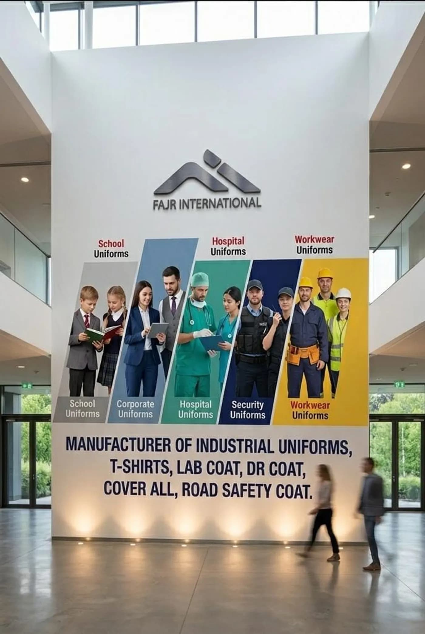 Fajr International category wall showing school, corporate, hospital, security and workwear uniforms